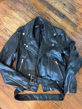 Zara Black Faux Leather Biker Jacket with Belt